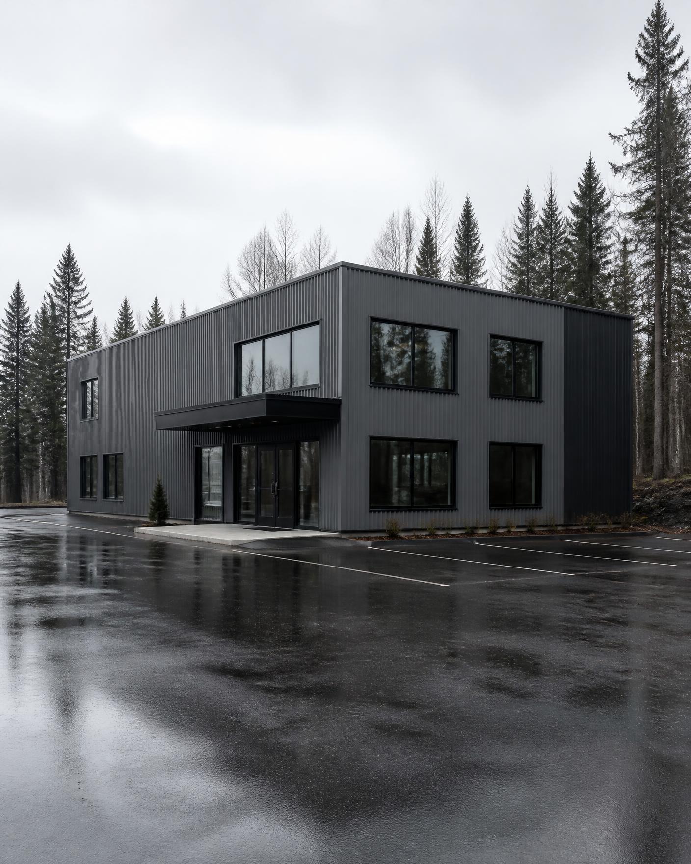 Bâtiment commercial contemporain en revêtement métallique dans un contexte boréal