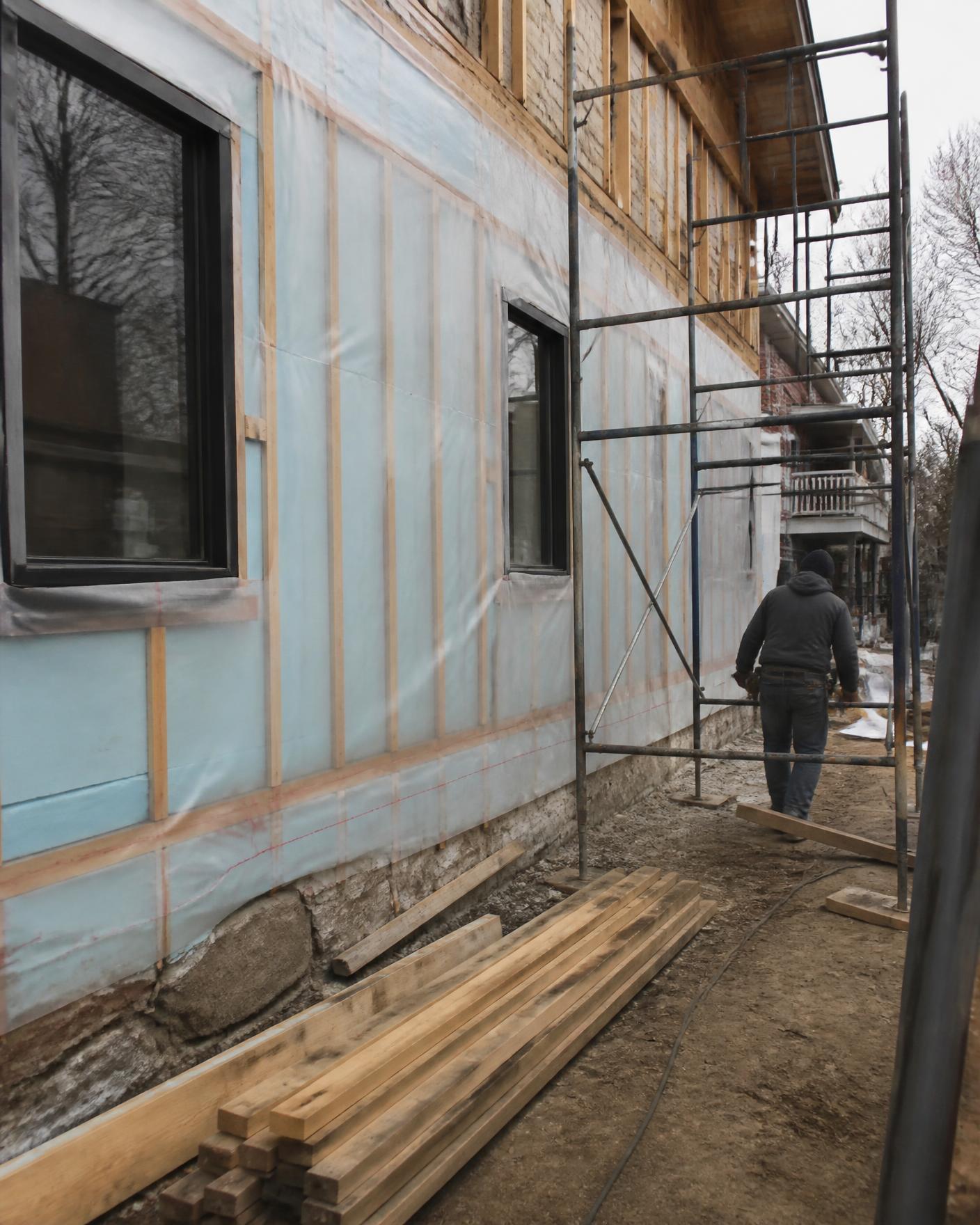 Chantier de rénovation avec échafaudage et isolation en cours de pose